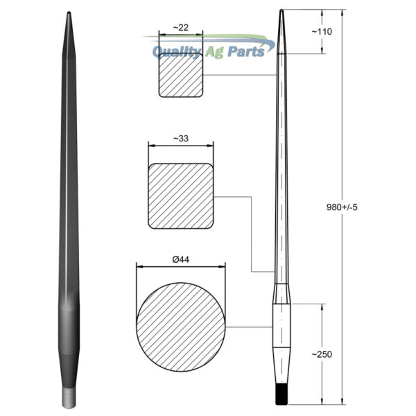 Loader Tine - Straight 980mm, Thread size: M30 x 2.0 (Square)   To fit as: KK241161M30 - Image 2