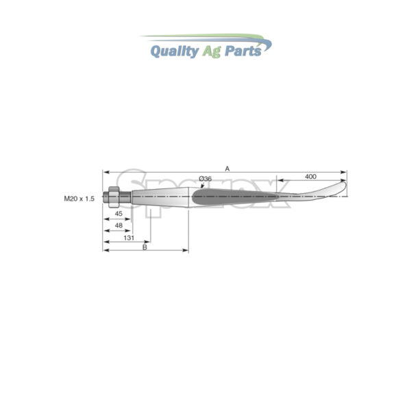 Loader Tine - Straight - Spoon End 1,400mm, Thread size: M20 x 1.5 (Square)   To fit as: KK221158 - Image 4