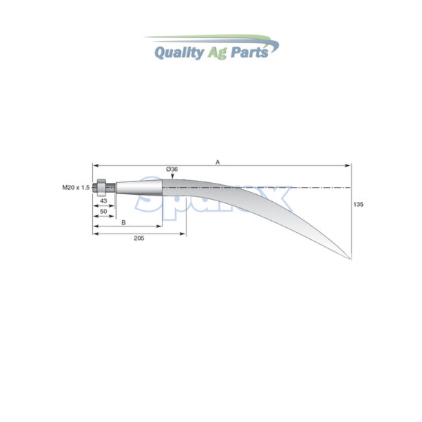 Loader Tine - Curved 680mm, Thread size: M20 x 1.5 (Square)   To fit as: KK221194 - Image 4