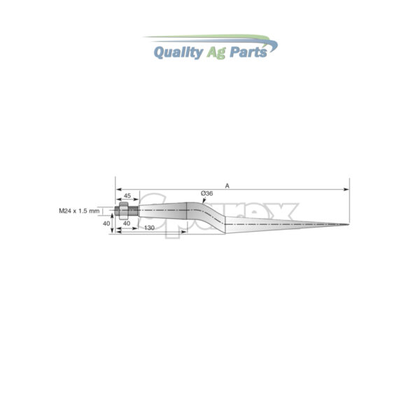 Loader Tine - Cranked 820mm, Thread size: M24 x 1.5 (Square)   To fit as: KK221195 - Image 4
