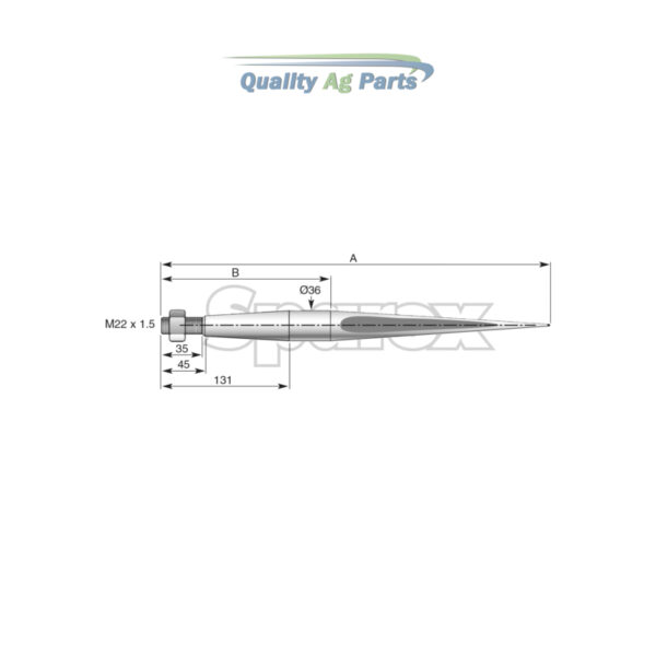 Loader Tine - Straight 660mm, Thread size: M22 x 1.5 (Square) - Image 4