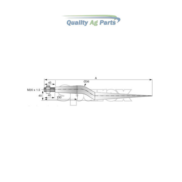 Loader Tine - Cranked 820mm, Thread size: M20 x 1.5 (H - fluted)   To fit as: 21615139 - Image 4